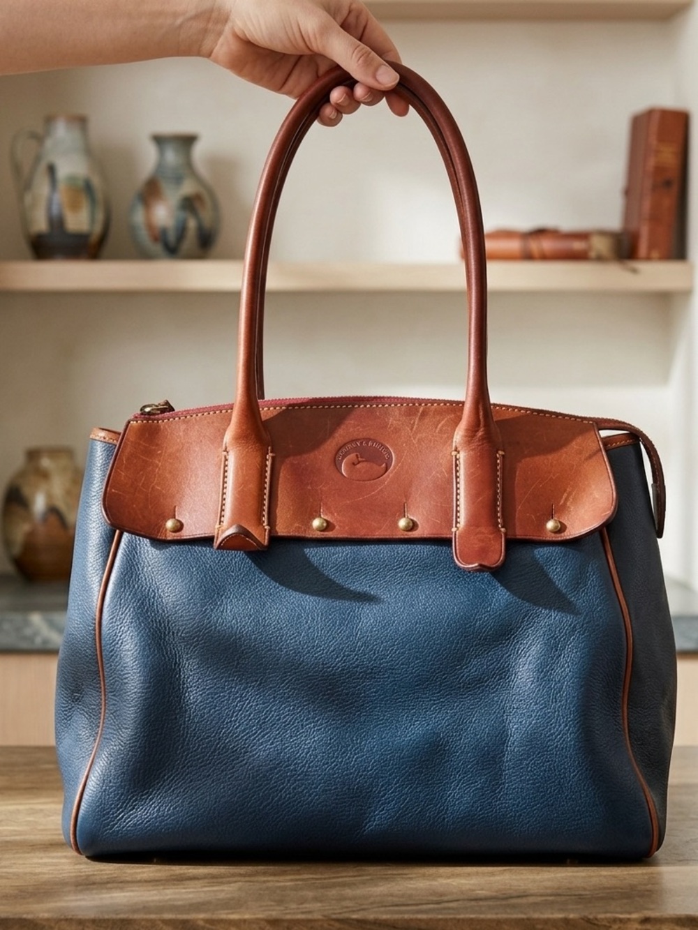 Dooney & Bourke Vintage All Weather Leather Satchel Bag - Navy & Tan